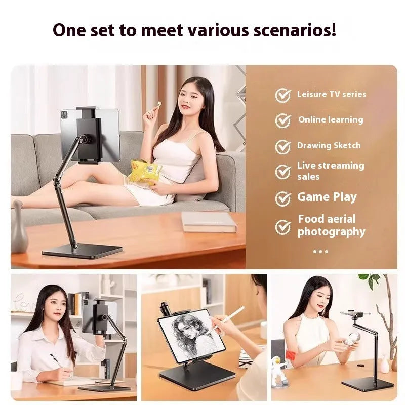 Metal desktop phone bracket with square double arms and remote control for streaming