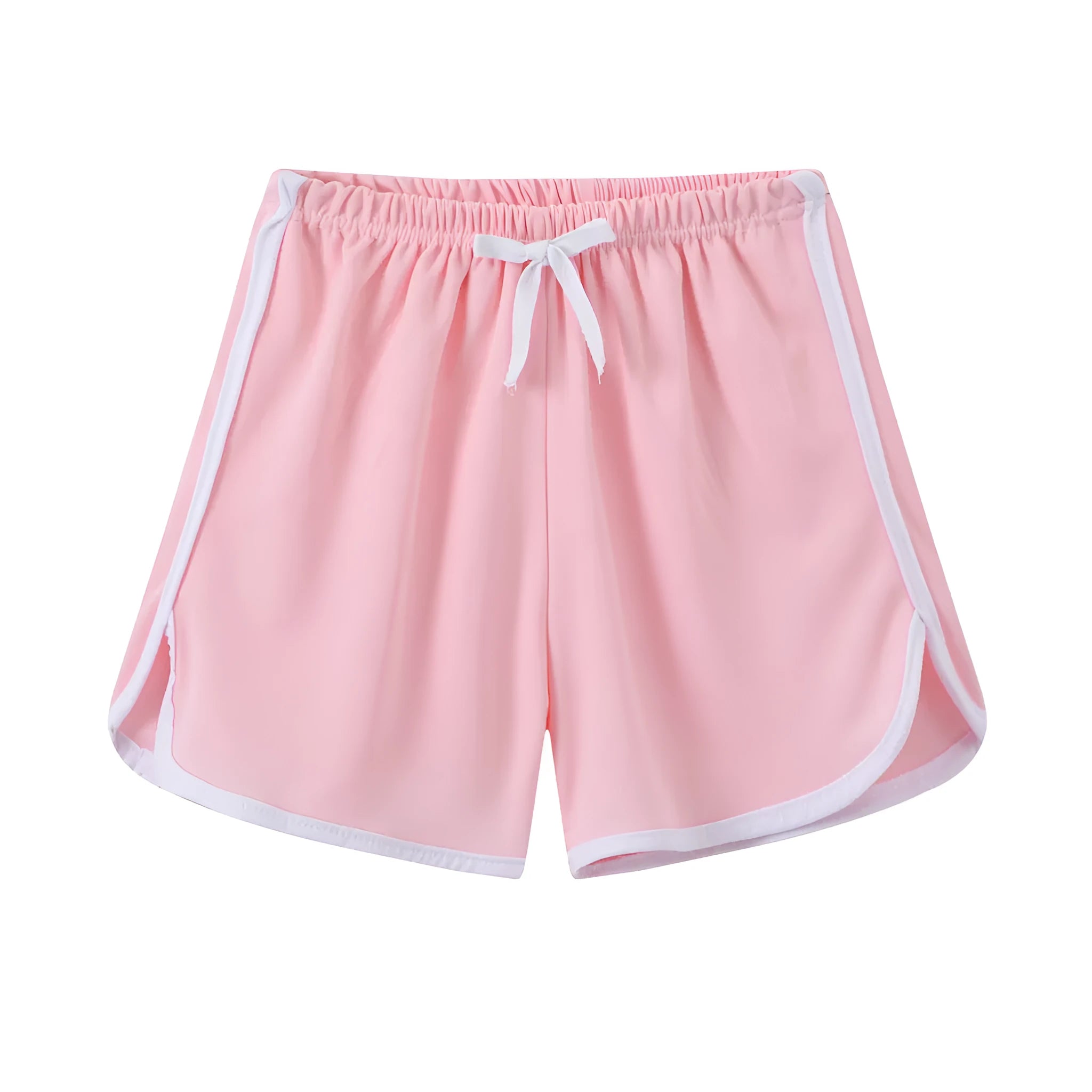 Children's polyester holiday shorts in multiple colours and patterns including stripes, leopard print, and pineapple design.