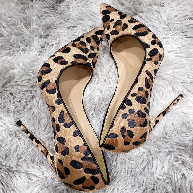 Suede leopard print high heels for women with rhinestone toe, pointed stiletto, rubber sole