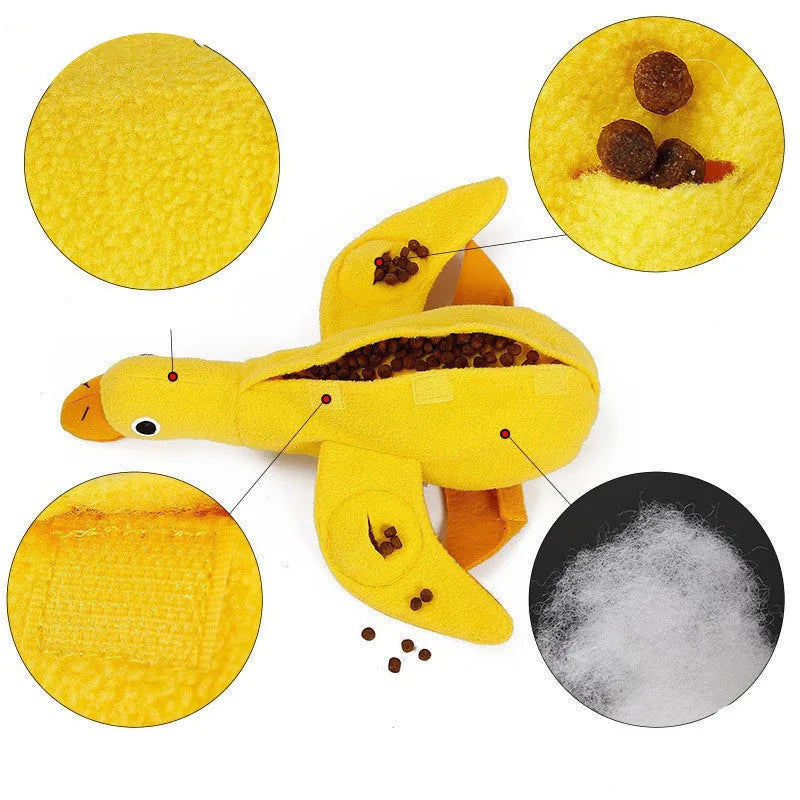 Yellow teddy dog toy with duck attachment and sound module for training and teeth stimulation