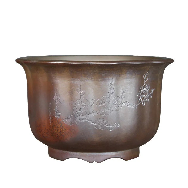 Indoor antique carved ceramic flower pot with purple sand finish in S1696 firewood colour