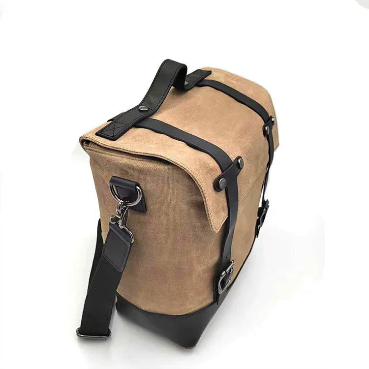 Black canvas motorcycle side bag with cowhide top showing 300x280x150mm dimensions