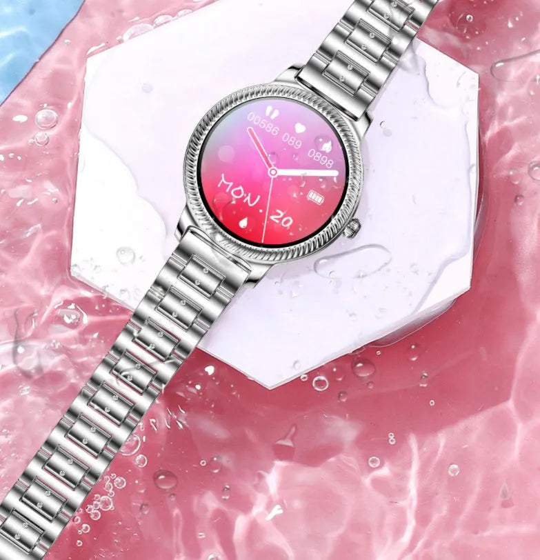 AK38 ladies smart watch with stainless steel Milanese mesh band and colour screen displaying time.