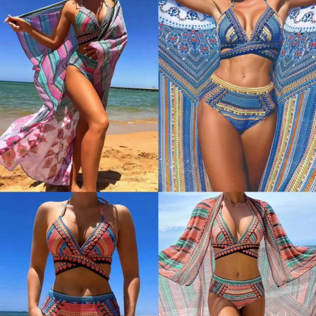 Women's three-piece bikini set with cross bandage top, high-waist split-side briefs, and smock in solid colours
