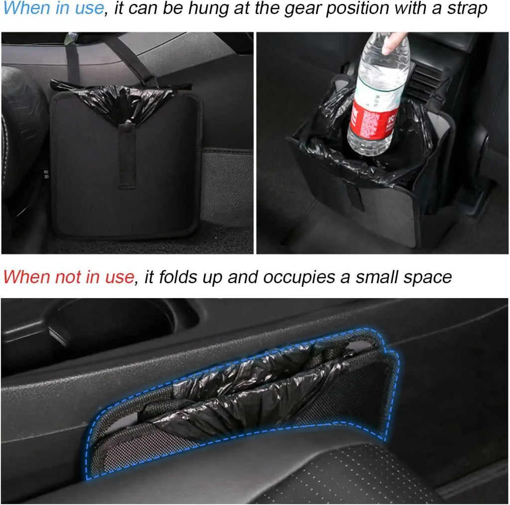Black folding car trash can made from waterproof Oxford cloth with hanging strap and 22x14.5x22cm dimensions