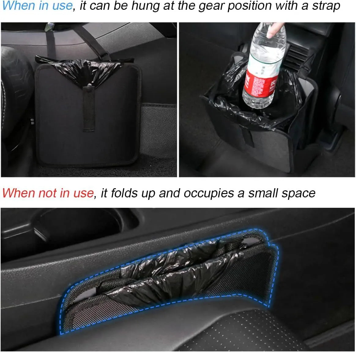 Black folding car trash can made from waterproof Oxford cloth with hanging strap and 22x14.5x22cm dimensions