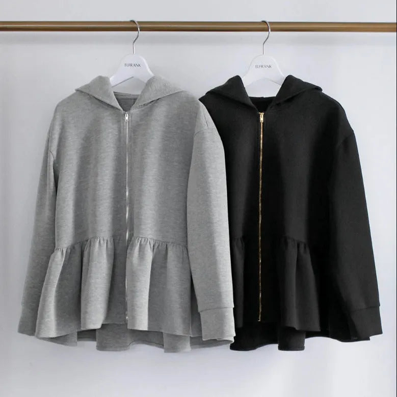 Japanese Korean style women's hooded sweatshirt jacket in gray, loose fit with petal sleeves