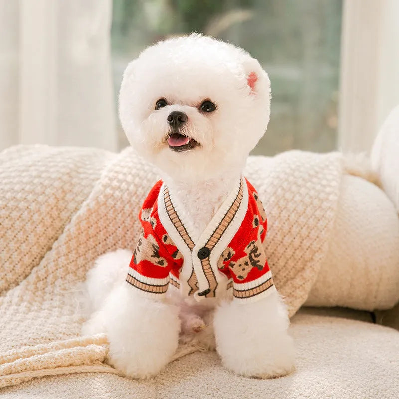 Cute bear pattern two-legged dog sweater in beige for small dogs and cats, sizes XS to XL