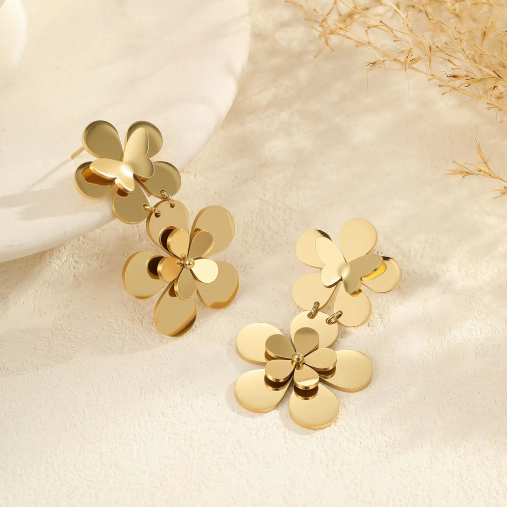 Gold flower butterfly stainless steel dangle earrings for women with 18K electroplating