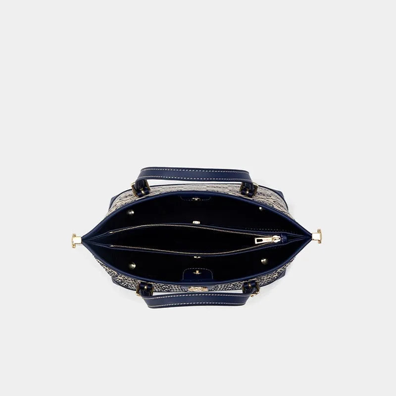 Blue PU tote bag with jacquard star diamond pattern, 29x15.5x19cm, horizontal square shape, small portable size