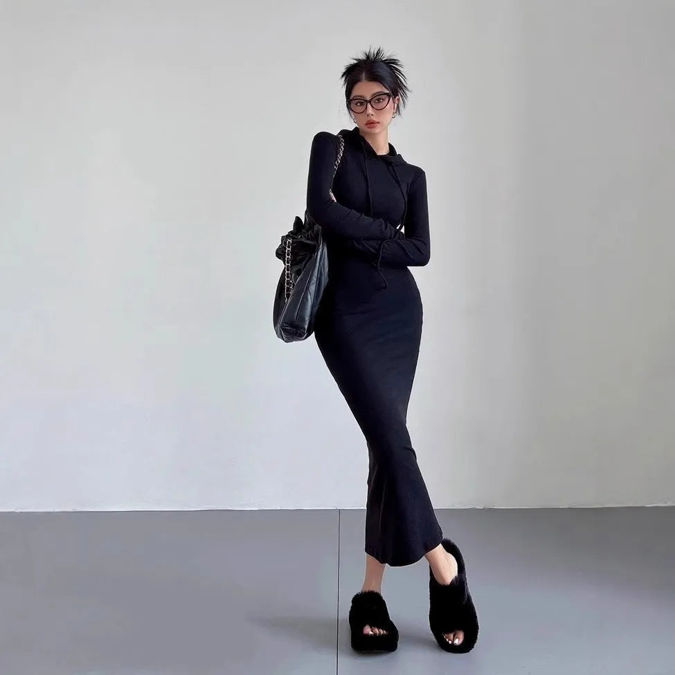 Women's grey hooded long sleeve sheath dress with high waist and over the knee length.