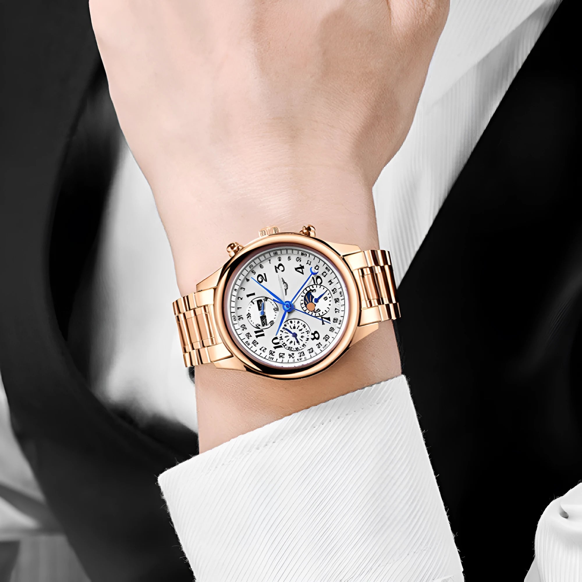 Men's mechanical perpetual calendar watch with moon phase display on leather strap