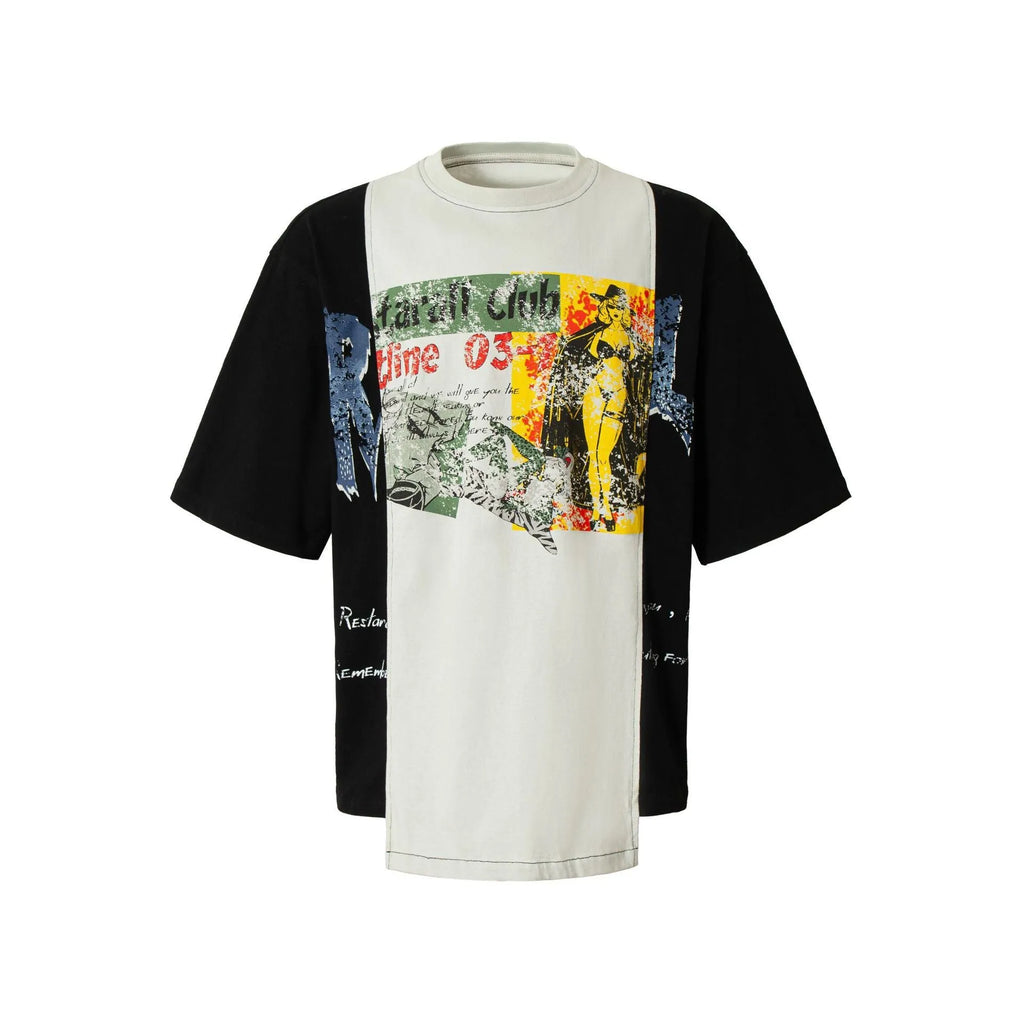 Black and white deconstruction collage printed cotton blend t-shirt with loose fit and short sleeves