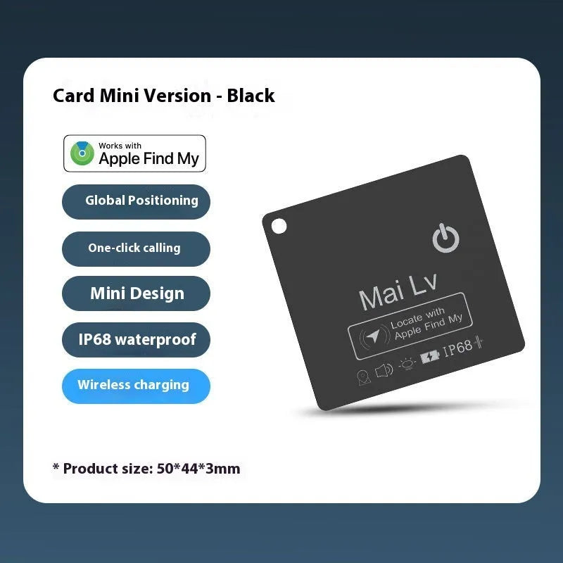 Black slim Find My compatible Bluetooth tracking card with rechargeable battery for keys and wallets.