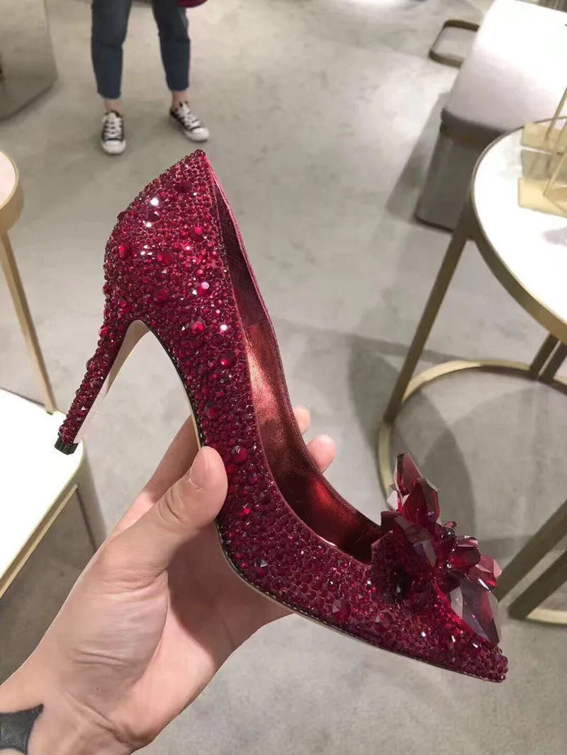 Women's gold pointed toe high heels with rhinestone sequin decoration and stiletto heel