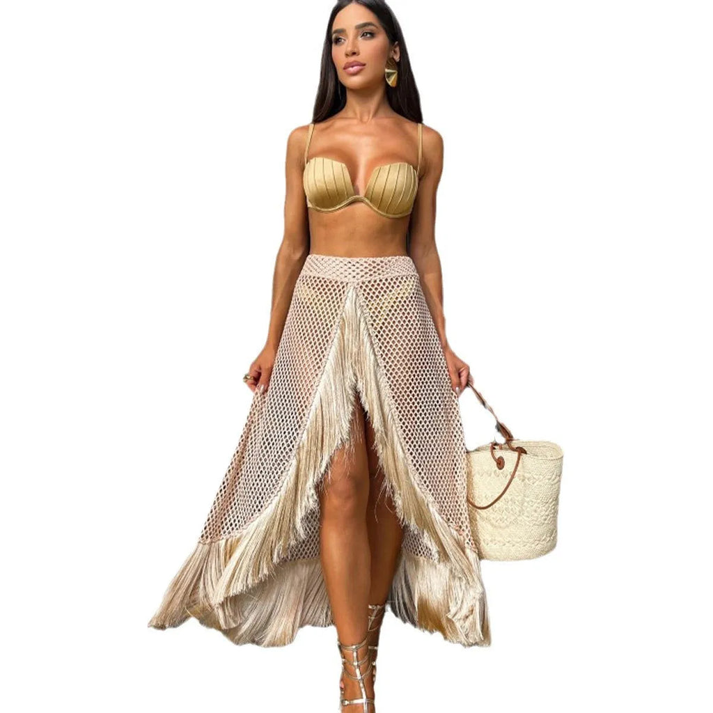 Women's bikini three-piece set with half-length tulle skirt, tassels, in colour Suit