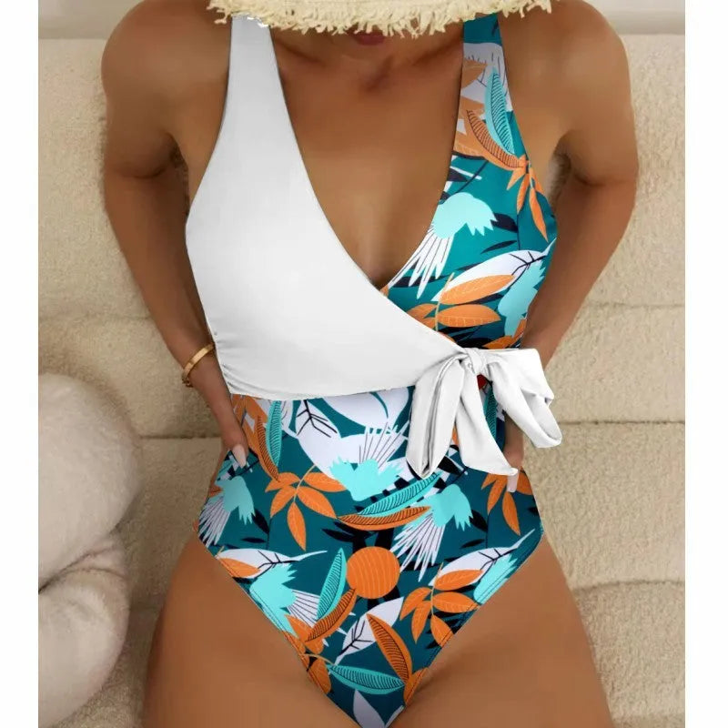 Women's high waist one-piece swimsuit with printed pattern in polyester-nylon quick-drying fabric
