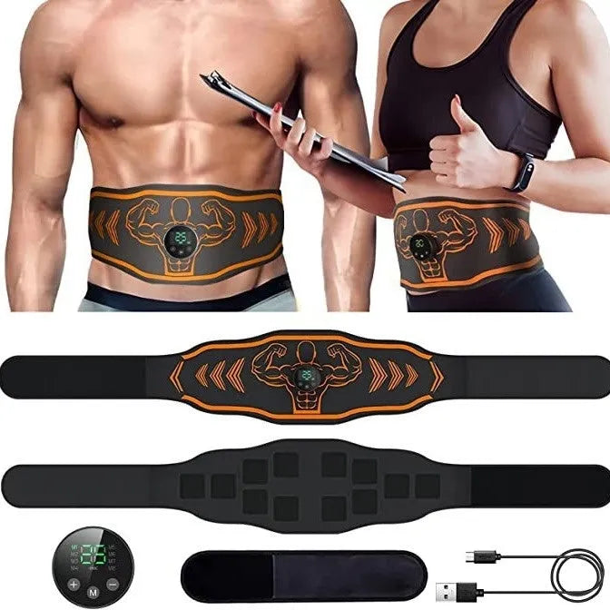 Smart massage belt with EMS technology showing blue and orange colour options