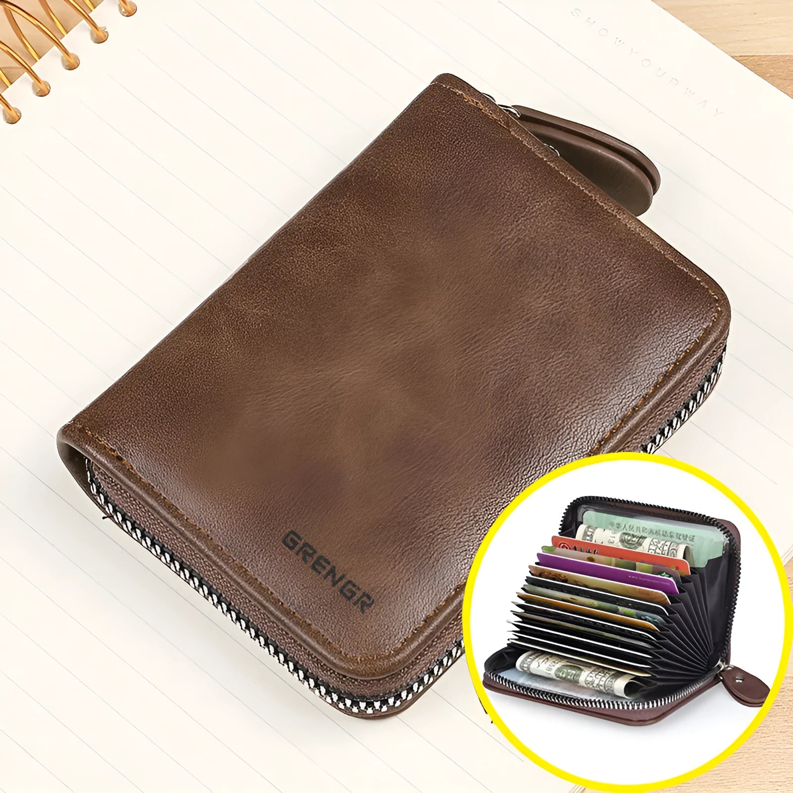 Dark brown women's synthetic leather card holder wallet showing 9 card slots and 2 ID holders