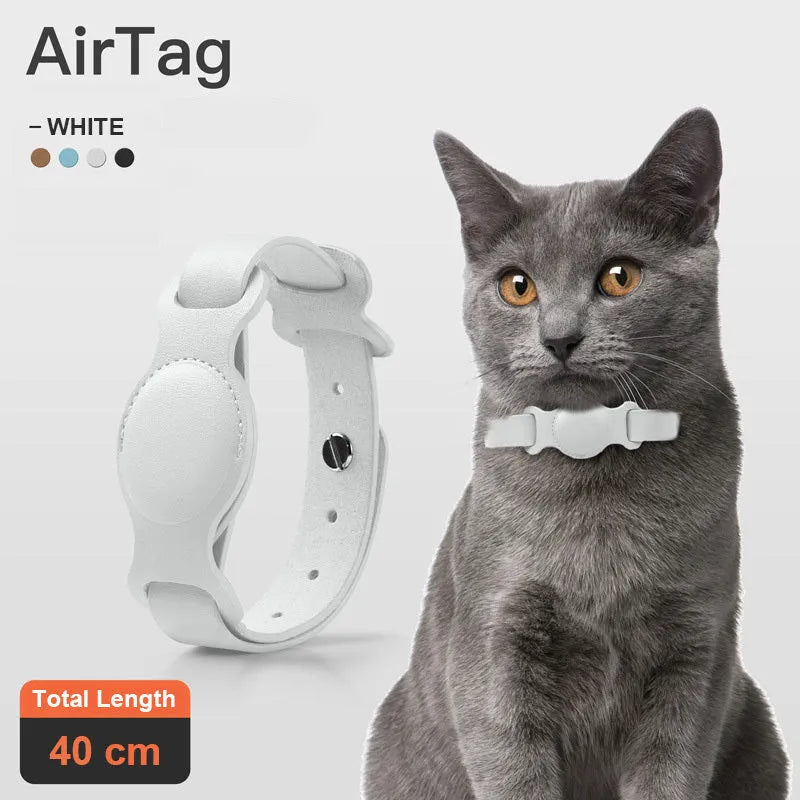 Leather pet collar case for AirTag, adjustable 40-77cm, fog blue colour, on a light background