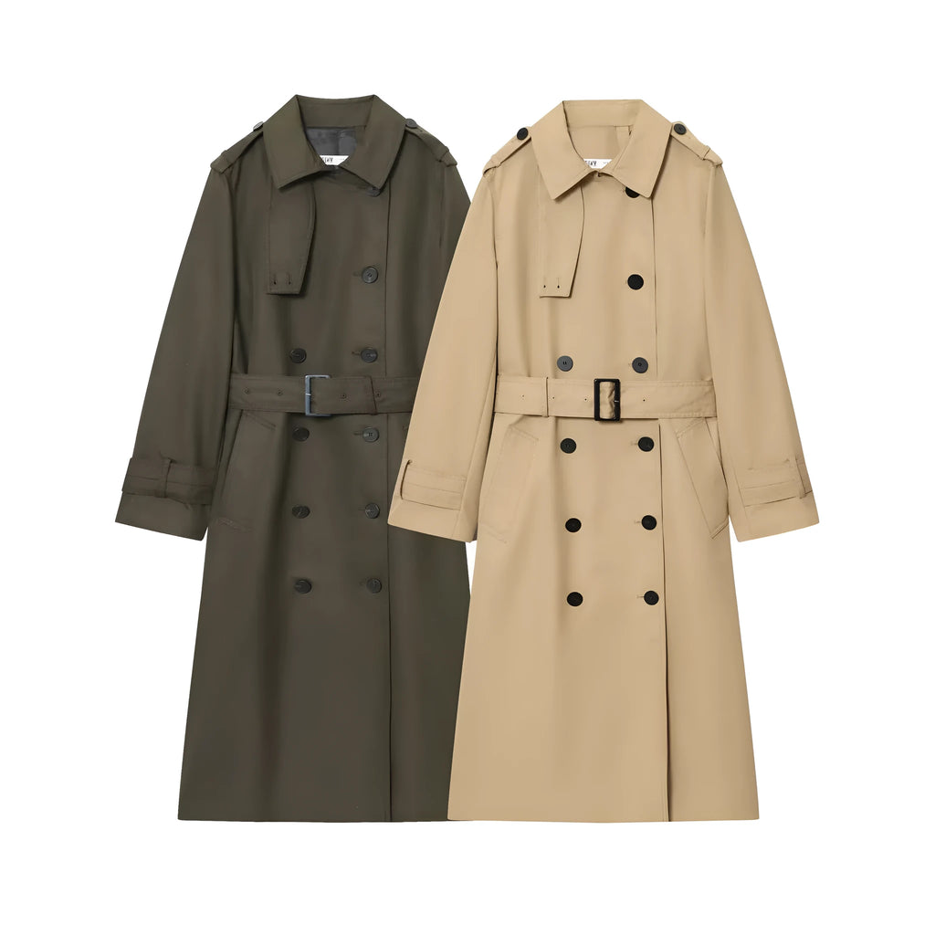 Women's double breasted trench coat, long sleeve, drawstring, dark green or khaki, sizes XS to L