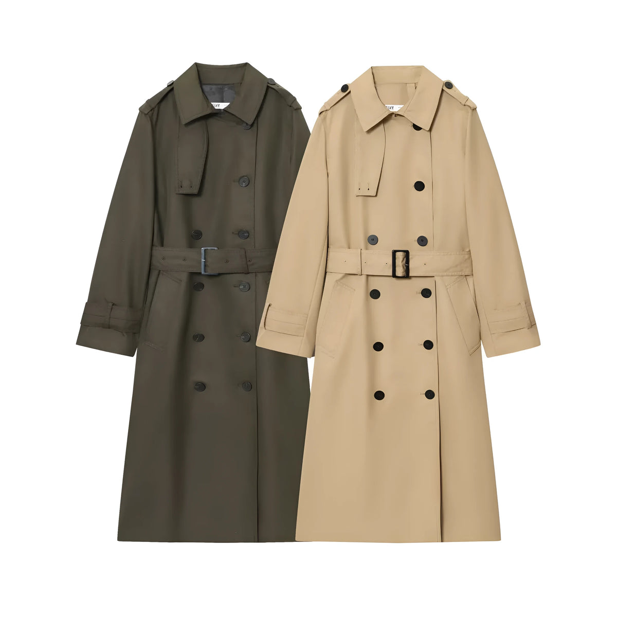 Women's double breasted trench coat, long sleeve, drawstring, dark green or khaki, sizes XS to L