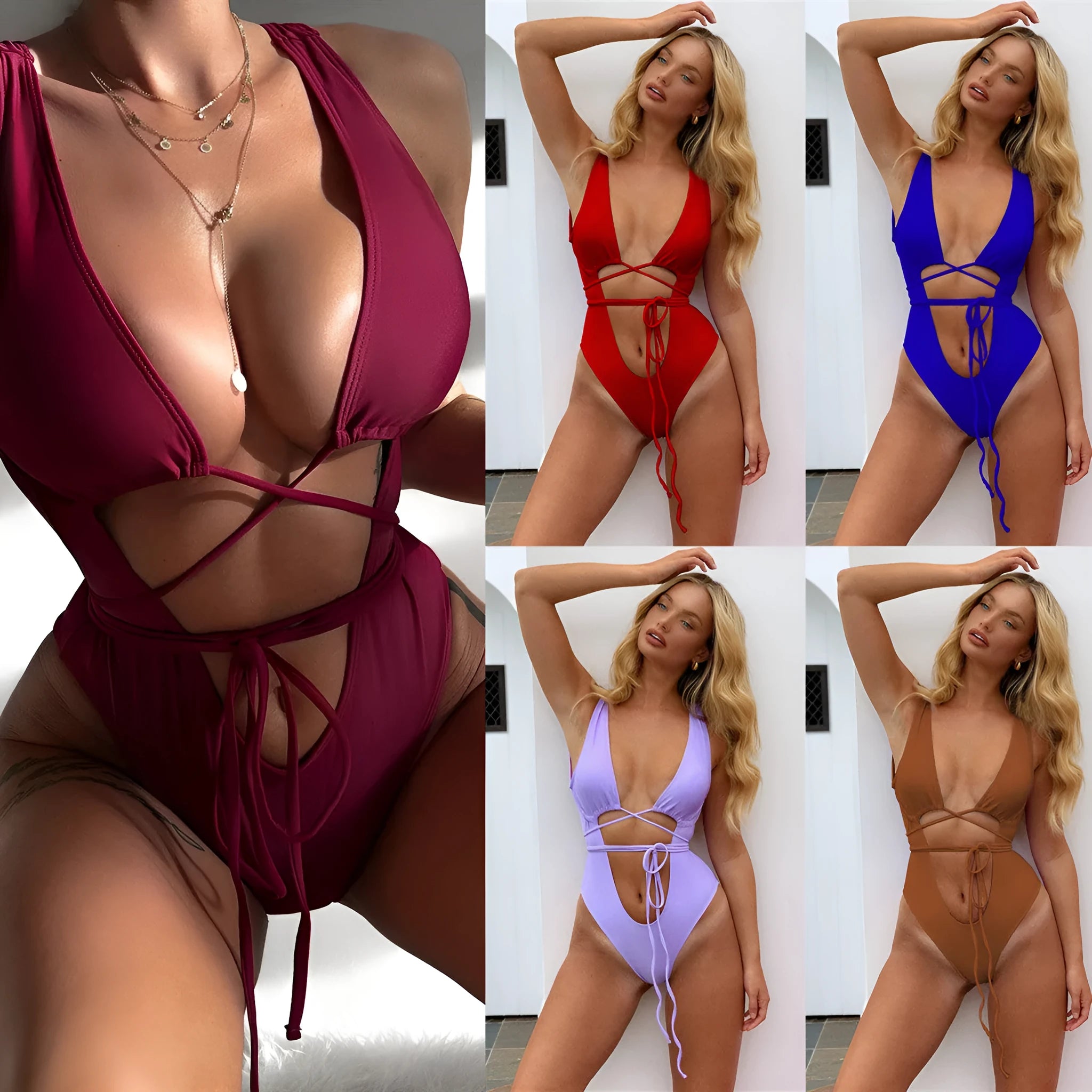 Women's one-piece swimsuit with hollow out shoulder straps in solid colour