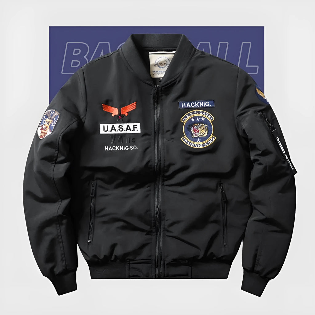 Men's slim-fit retro motorcycle coat in blue with stand collar, embroidery, and chest patch pockets.