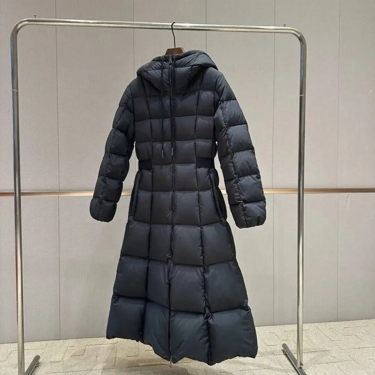 Long casual hooded warm white duck down jacket for women in black, medium length 65cm