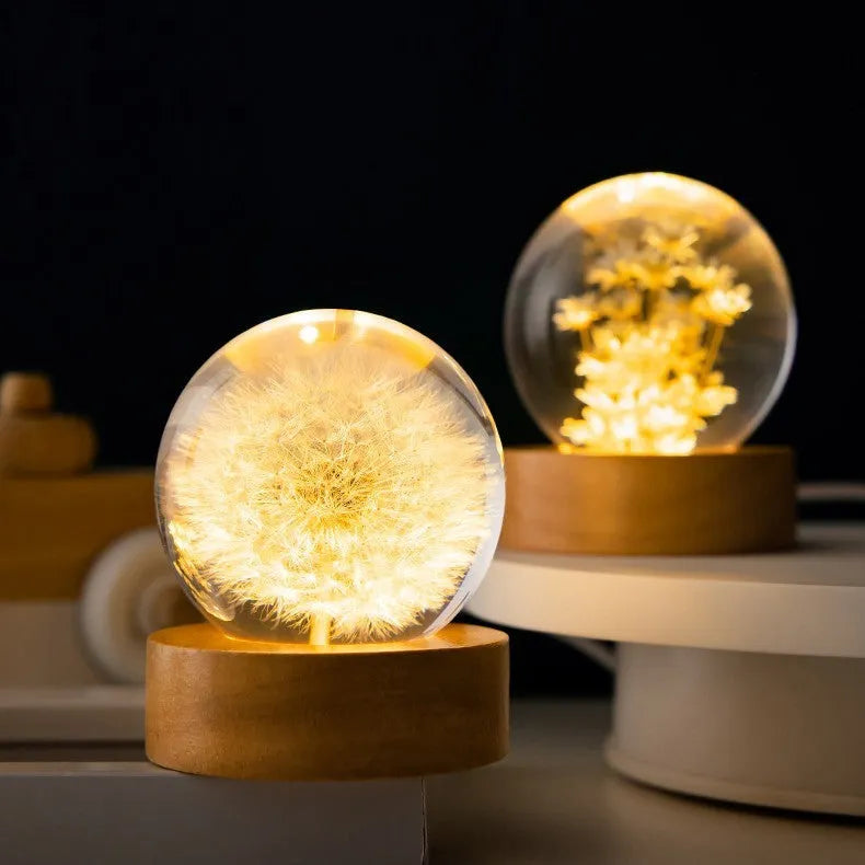 3D dandelion crystal ball USB night light on a beech wood base, 6cm diameter