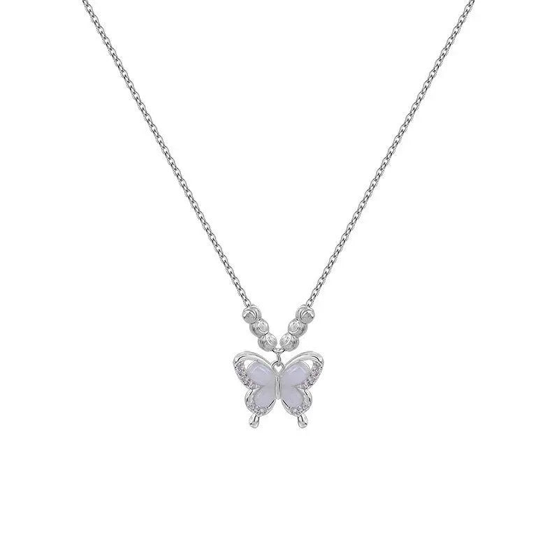 Women's square line opal butterfly necklace on a silver cross chain, adjustable from 41cm to 50cm.