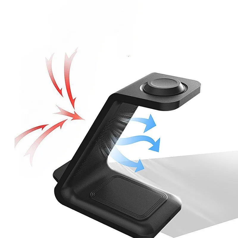 Black 3-in-1 upright wireless charging stand holding a mobile phone vertically on a desk.