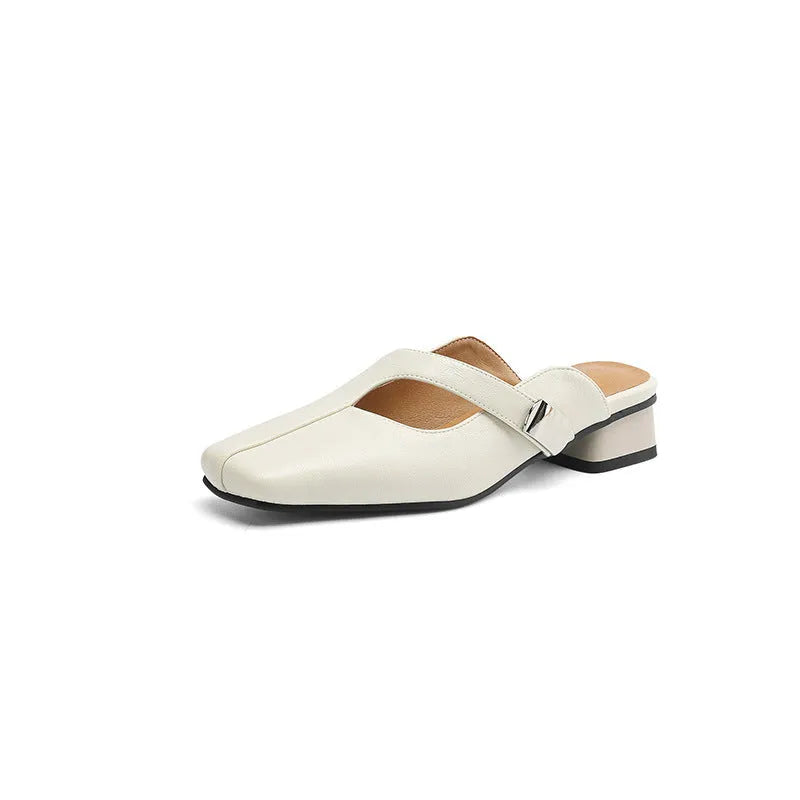 British style square toe low heel outdoor slippers in black, beige and silver colours.