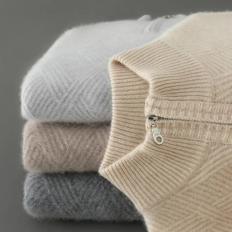 Half turtleneck zipper design pure wool knit bottoming shirt in beige colour, loose fit pullover style