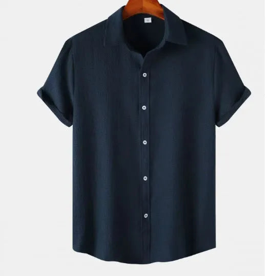 Man wearing a casual short-sleeve polyester shirt in a cardigan style, available in various colours and sizes.
