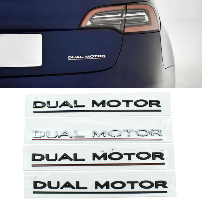 Black and red ABS plastic Double Motor performance badge sticker for Tesla Model 3 bumper.