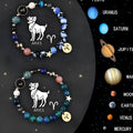 Natural stone beaded zodiac bracelet set showing adjustable sliding closure and twelve individual astrology designs