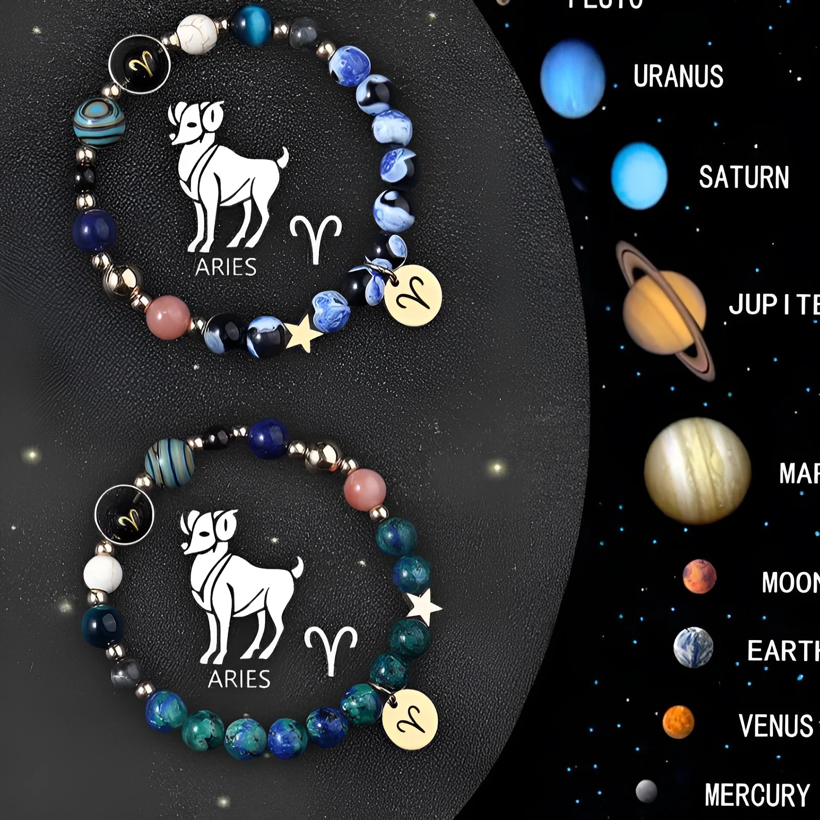 Natural stone beaded zodiac bracelet set showing adjustable sliding closure and twelve individual astrology designs