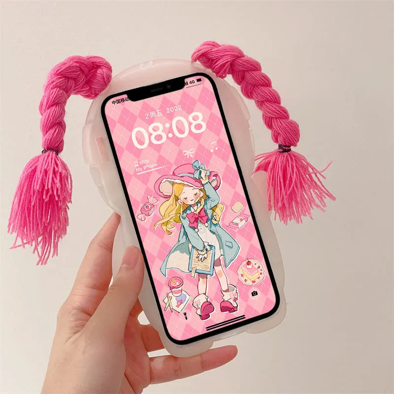 Summer themed iPhone case showing pink braid green swimsuit girl cartoon design on silicone protective cover