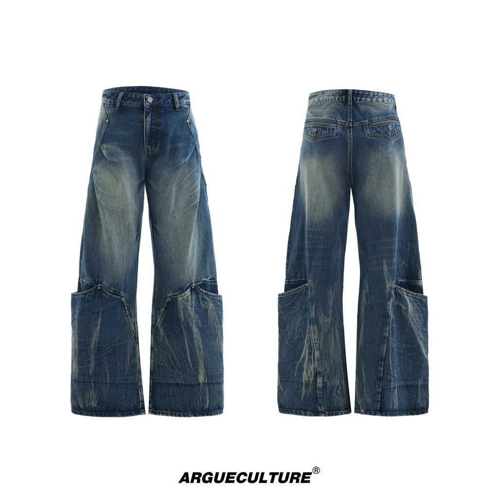 Men's verdant blue jeans with retro washed burst pattern and curved knife design in loose fit