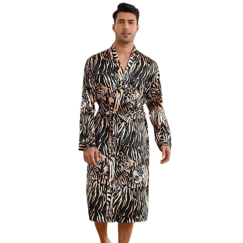 Men's tiger pattern long-sleeve bathrobe and matching shorts set on a hanger