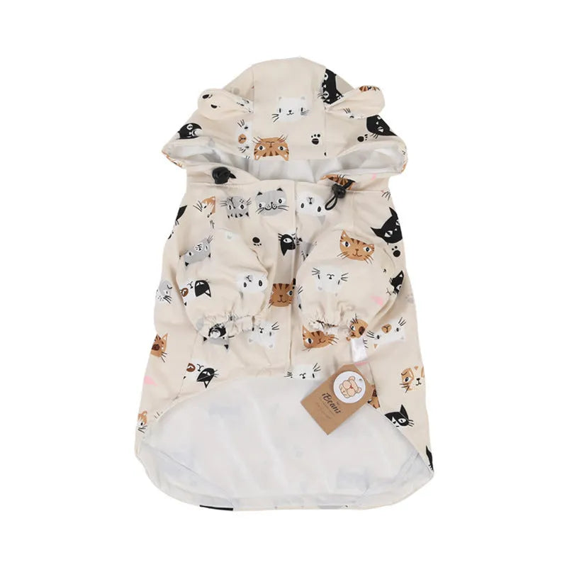 Cartoon dog raincoat with waterproof coating in beige patterns available in multiple sizes