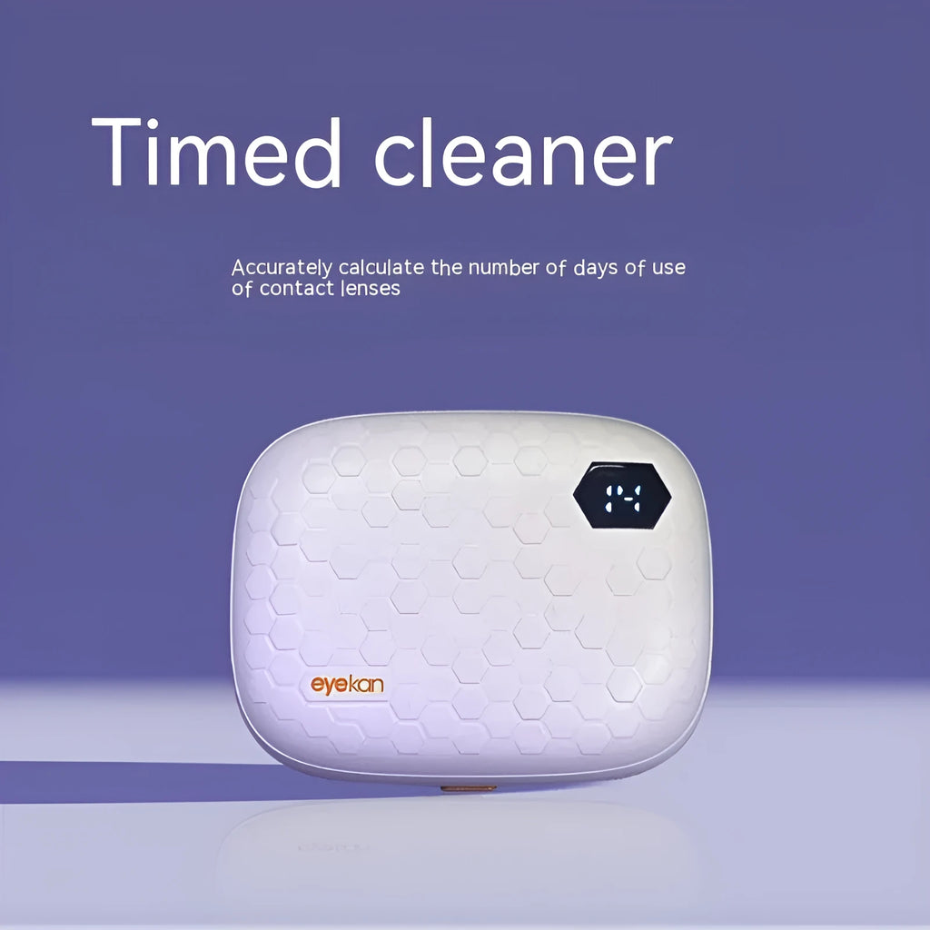 Pearl white automatic ultrasonic glasses cleaning machine for invisible eyewear, measuring 85x65x30mm