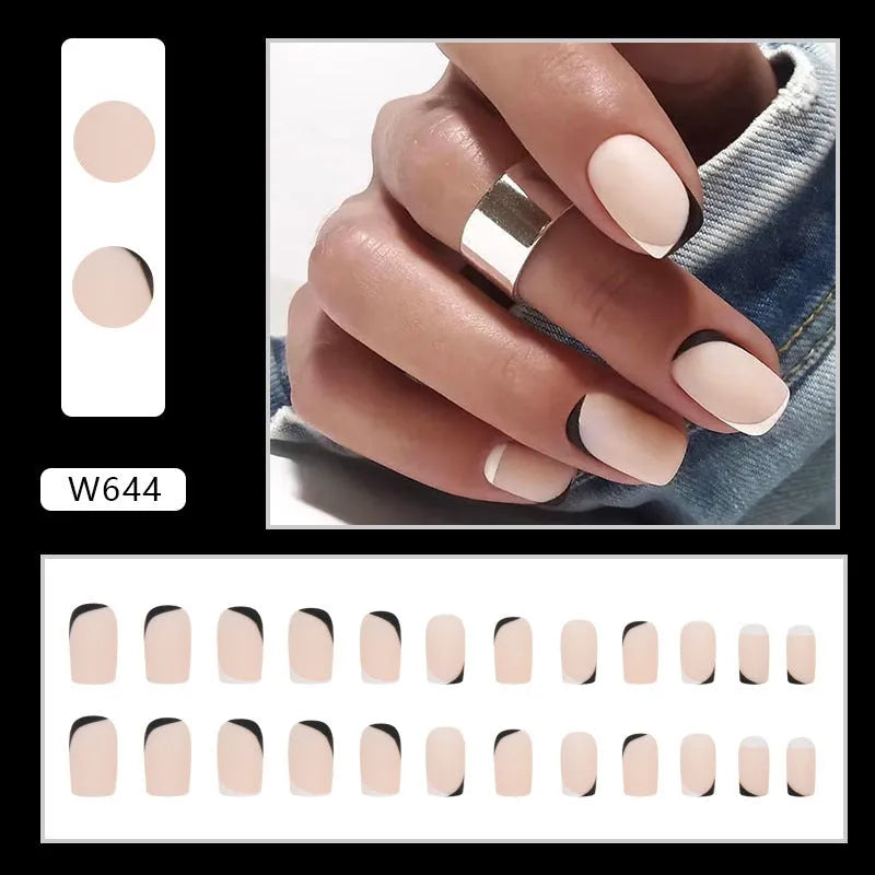 Black and white frosted false nails with Mandarin duck colour pattern and double-piece construction