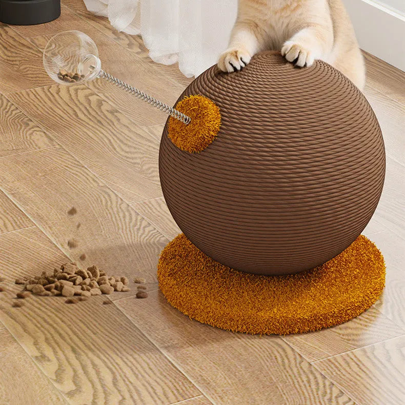 Hemp rope cat scratch board with interactive tumbler or grasping ball elements