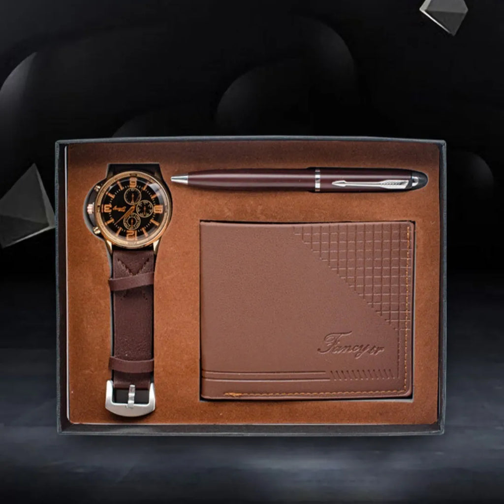 Brown and black 4-piece gift set containing wallet, pen, watch in modern style gift box