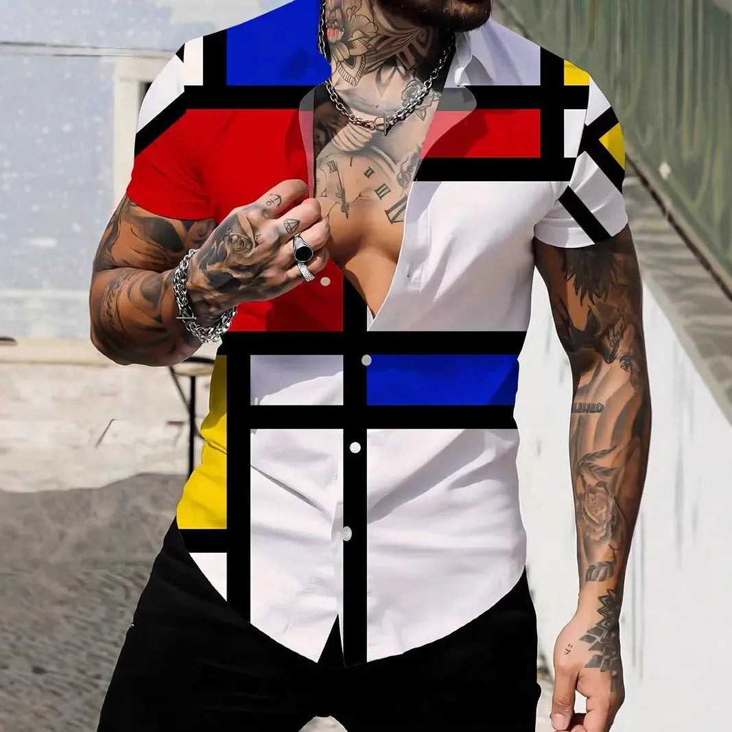Men's geometric pattern short sleeve shirt with lapel collar in slim fit design