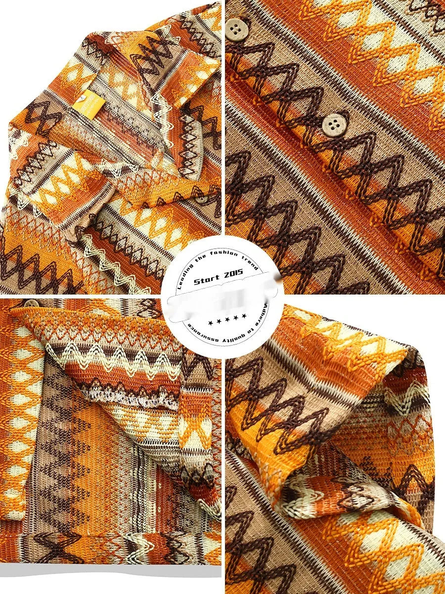 Ethnic style Cuban collar shirt with contrast colour detailing and drop-shoulder sleeves