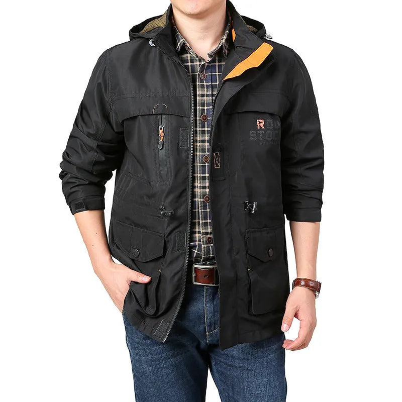 Men's casual windproof thin mountaineering jacket with loose fit and patch pocket, sizes M-5XL