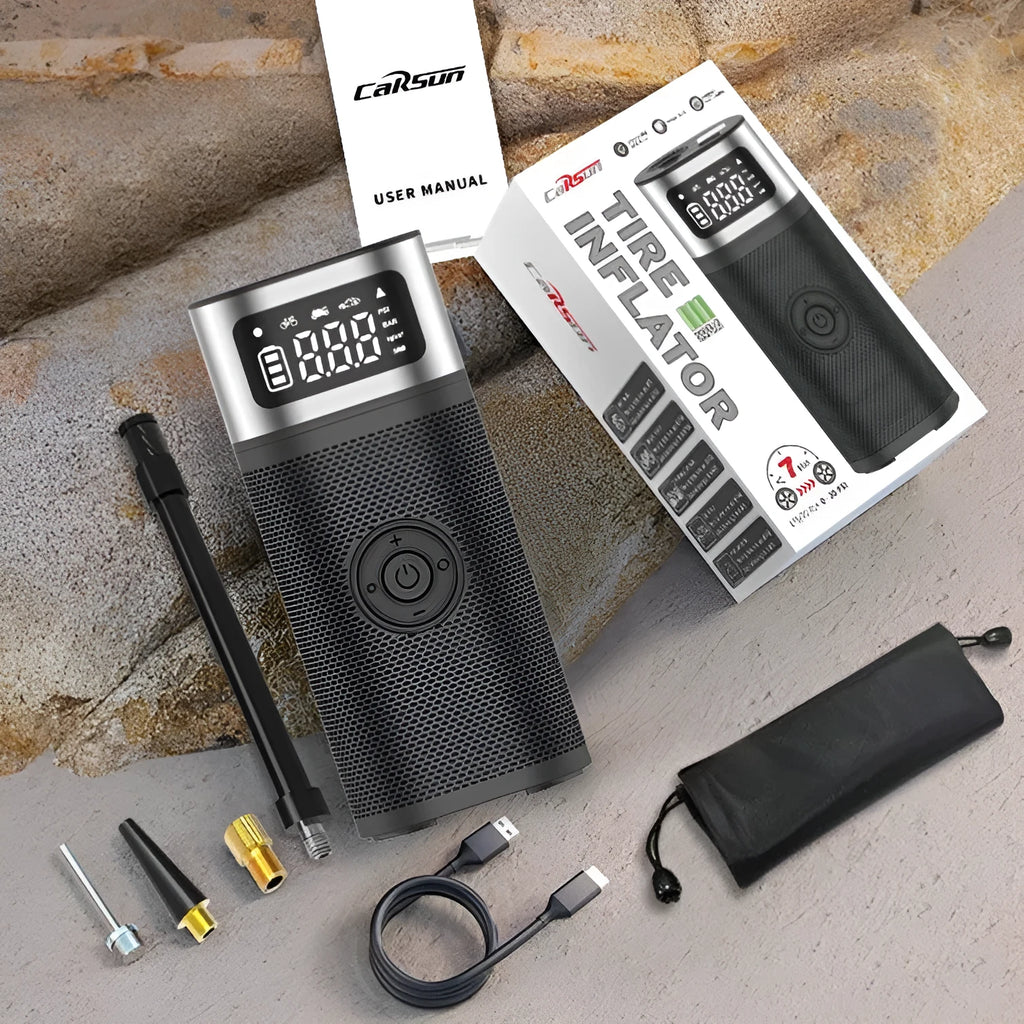 Black portable wireless air pump with 15cm tube, multiple nozzles, and storage bag